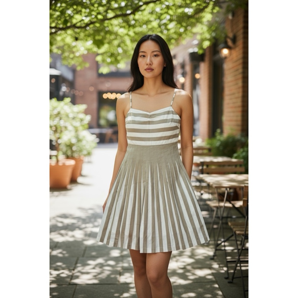 MARISFROLG Tan/Ivory Striped Sleeveless Pleated Dress